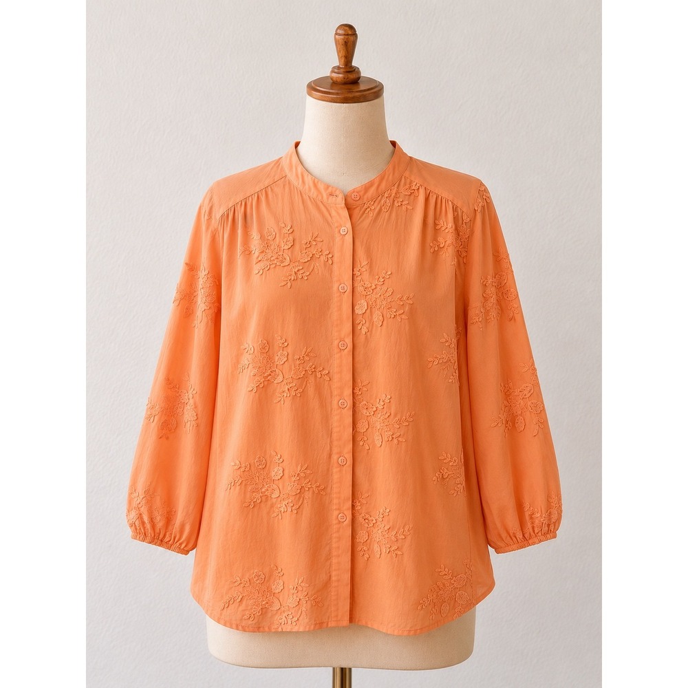 Hester & Orchard Orange Floral Embroidered Cotton Blouse Mandarin Collar M